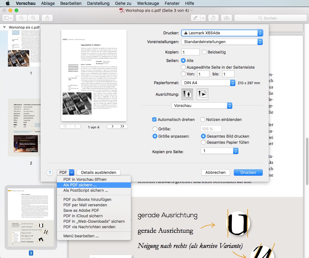 Ein Screenshot zeigt ein Druckeinstellungsfenster auf einer macOS-Oberfläche mit Druckeroptionen, einer Dokumentvorschau und verschiedenen Druckeinstellungen. Insbesondere bietet es die Möglichkeit, als PDF zu exportieren. Die gesamte Oberfläche ist auf Deutsch.