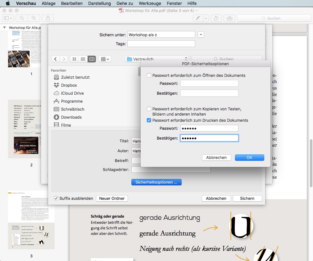 Auf einem Computerbildschirm wird ein Fenster mit den PDF-Verschlüsseln-Einstellungen angezeigt, in dem Passwörter zum Öffnen, Kopieren und Drucken des Dokuments abgefragt werden. Verschiedene Einstellungsoptionen werden auf Deutsch angezeigt, im Hintergrund sind das Dokument und die Benutzeroberfläche unscharf dargestellt.