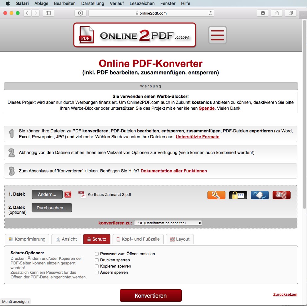Screenshot der Online2PDF-Website mit einer Oberfläche zum Konvertieren und Verschlüsseln von PDFs. Zu den Optionen gehören Datei-Upload, Formatauswahl und Sicherheitseinstellungen. Die Seite verfügt unten über einen roten „Konvertieren“-Button und oben über Navigationselemente.