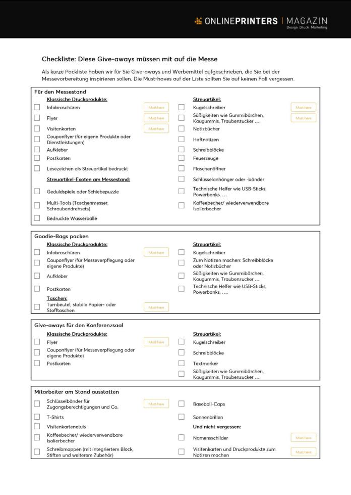 Eine Checkliste für Giveaways auf Messen (deutsch) mit dem Titel „Onlineprinters Magazin“. Die Rubriken umfassen „Für den Messestand“, „Goodie Bags“, „Giveaways für Konferenztaschen“ und „Mitarbeiter ausstatten“. Jeder Abschnitt enthält Punkte mit Kontrollkästchen.
