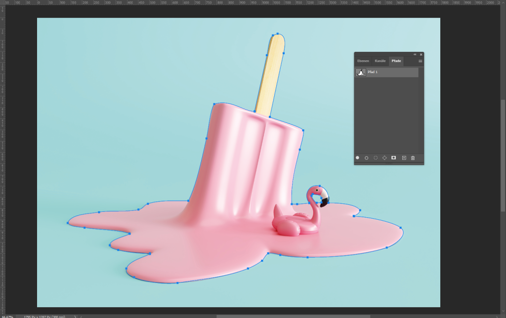Ein rosa Eis am Stiel schmilzt auf einer hellblauen Oberfläche und erzeugt eine verspielte Szene mit einem kleinen aufblasbaren Flamingo-Spielzeug im Schmelzwasser. Der aufrecht stehende Eisstiel trägt zur sommerlichen Stimmung bei, als wäre er in diesen lebendigen Sonderfarbe-Moment hineingephotoshoppt.