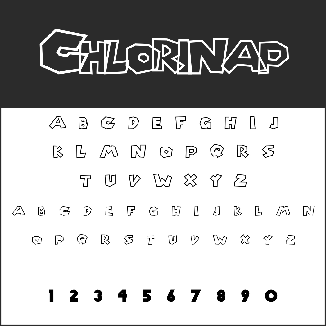 Oben steht der fette, stilisierte Buchstabe „CHLORINAP“, der mit seinen verschiedenen geometrischen Schriftstilen an Super Mario Schrift erinnert. Darunter sind die Großbuchstaben A–Z und die Ziffern 0–9 in verschiedenen Schriftarten dargestellt. Der Hintergrund ist in schwarz-weiße Bereiche unterteilt.