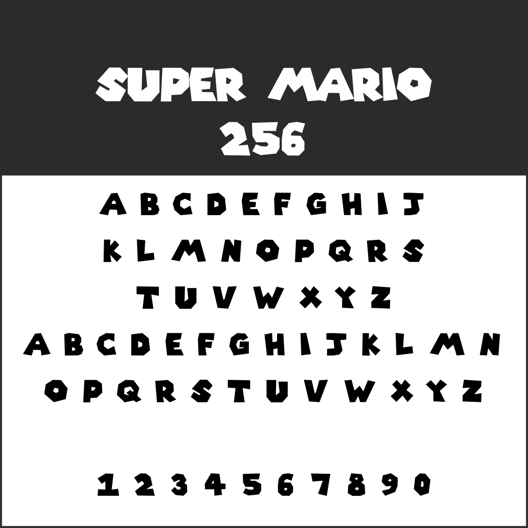 Das Schriftbeispiel „Super Mario 256“ zeigt Großbuchstaben und die Zahlen 0–9 in einem blockigen, verspielten Stil, der an die Super Mario Schrift erinnert. Das Design zeichnet sich durch eckige Kanten aus, die sauber in zwei Reihen angeordnet sind.