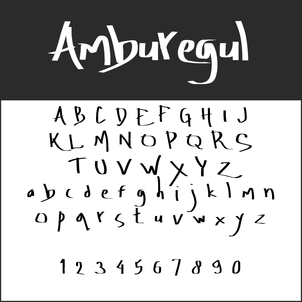 Eine Anzeige, die die Schriftart „Amburegul“ in verschiedenen Stilen präsentiert. Der Name steht oben in handschriftlicher Schrift, gefolgt von Großbuchstaben, Kleinbuchstaben und den Zahlen von 0 bis 9, alles in derselben künstlerischen Schriftart.