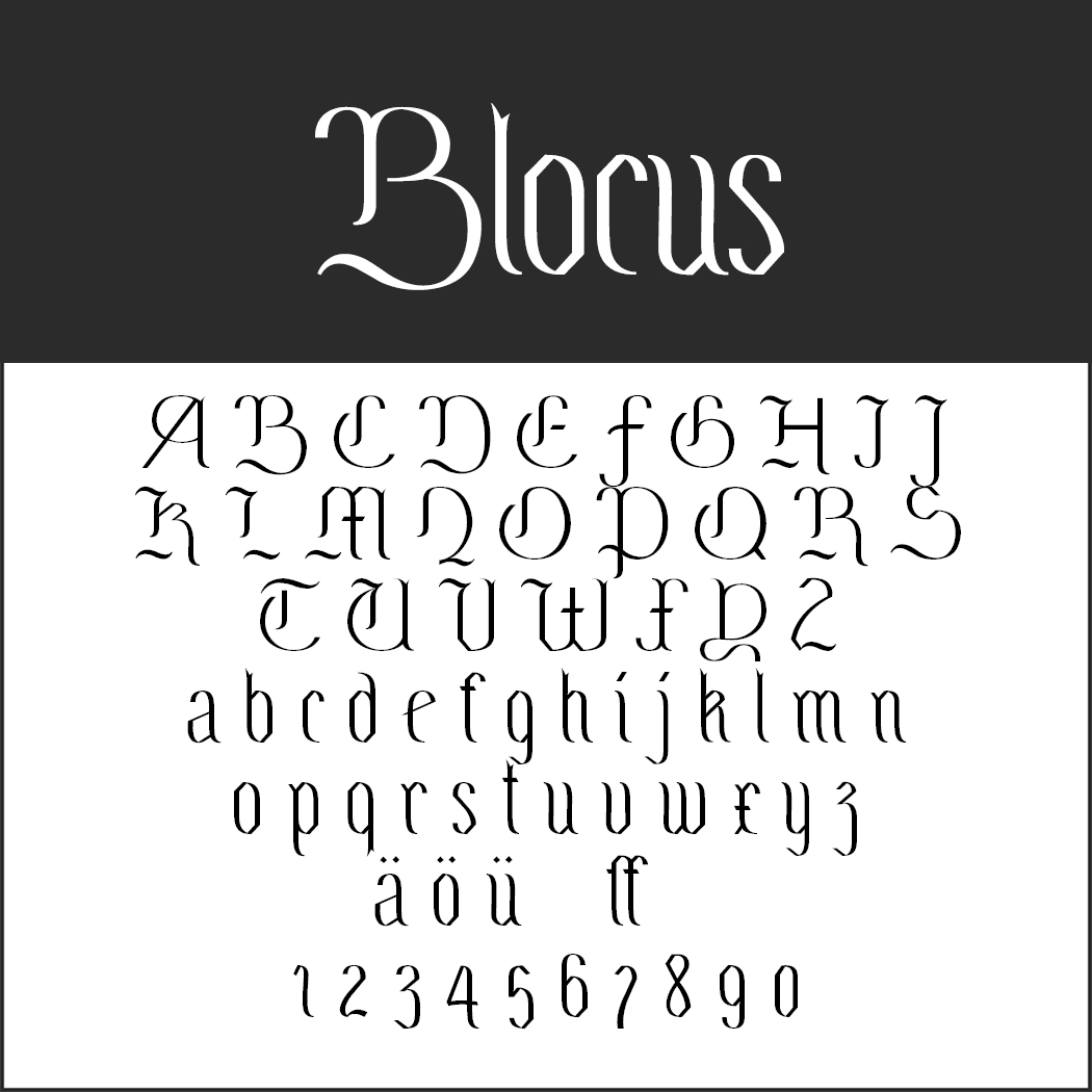Ein Schriftbeispiel mit dem Titel „Blocus“ im dekorativen Stil. Das Bild zeigt die Großbuchstaben A–Z, die Kleinbuchstaben a–z, die Sonderzeichen ä, ö, ü, ß und die Zahlen 1–0. Der Hintergrund ist in einen schwarzen oberen Bereich mit dem Titel und einen weißen unteren Bereich mit den Buchstaben unterteilt.