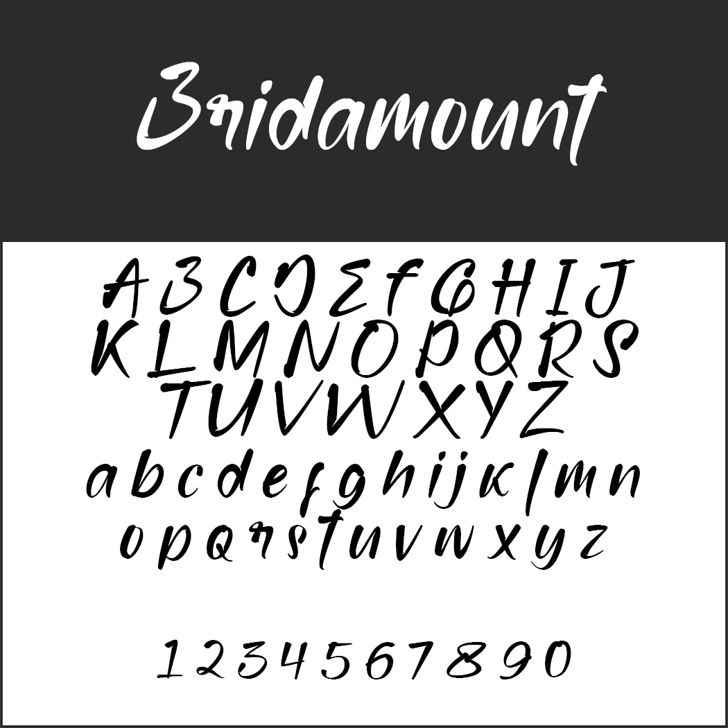 Schriftbeispiel „Bridamount“ mit Groß- und Kleinbuchstaben in Schreibschrift sowie den Zahlen 0–9, angezeigt auf einem dunklen und hellen Hintergrund.