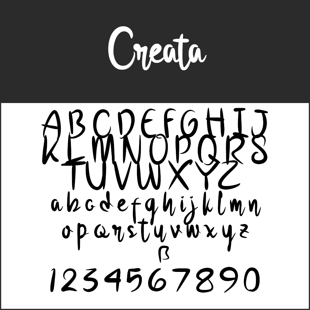 Schwarzweißbild mit der verspielten Pinselschrift „Creata“. Das Alphabet wird in Groß- und Kleinbuchstaben sowie den Ziffern 0 bis 9 dargestellt.