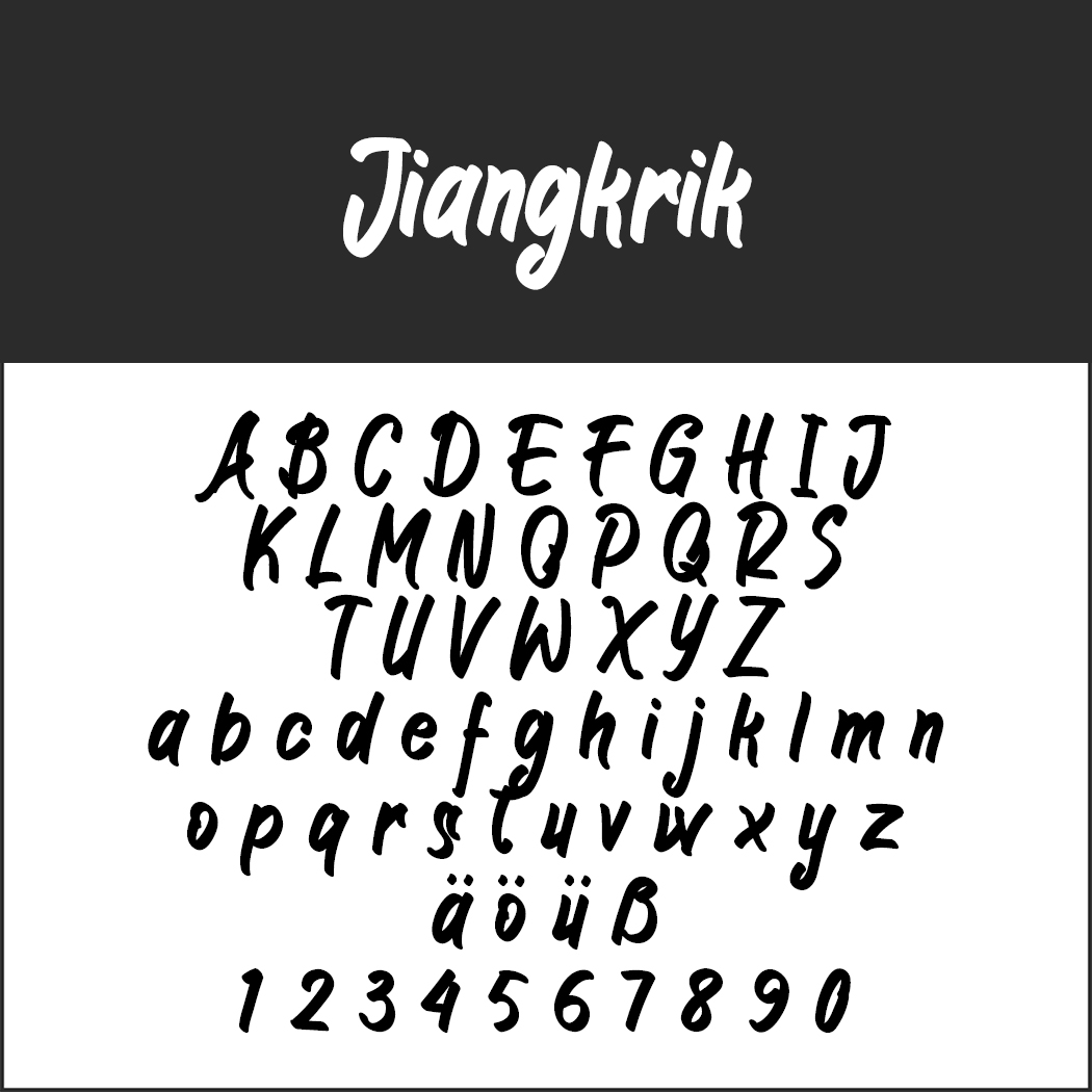 Das Bild zeigt die Schriftart „Jiangkrik“ in weißer Schrift auf dunklem Hintergrund. Darunter ist das gesamte Alphabet in Groß- und Kleinbuchstaben dargestellt, einschließlich des Sonderzeichens „äöüß“ und der Ziffern 0–9, alles in einem verspielten, handschriftlichen Stil.