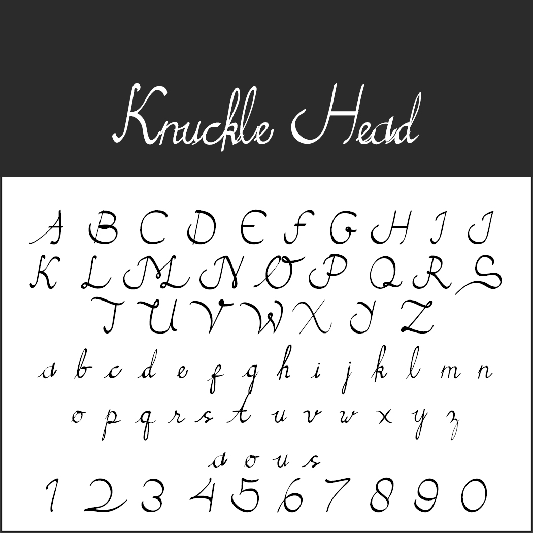 Beispiel einer kursiven Schrift mit dem Titel „Knuckle Head“ mit dem gesamten Alphabet in Groß- und Kleinbuchstaben sowie den Ziffern 0–9. Der Stil ist elegant und fließend, mit künstlerischen Schnörkeln auf einigen Buchstaben.