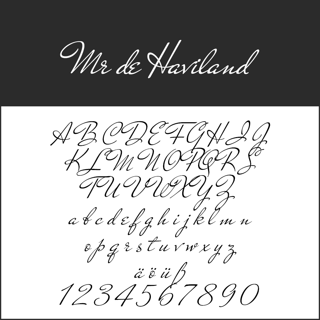 Beispiel einer Schreibschrift mit dem Titel „Mr de Haviland“ mit Groß- und Kleinbuchstaben, Sonderzeichen (ä, ö, ü) und den Ziffern 0–9. Die Buchstaben sind in einer stilisierten, fließenden Schrift dargestellt.