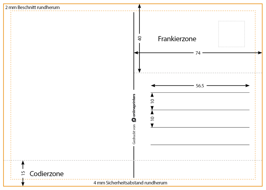 Vorlage für eine standardisierte Postkartenvorlage mit Abschnitten für Porto, Absenderinformationen, Adresszeilen und einem Barcode-Bereich. Beschriftet in deutscher Sprache mit Maßangaben in Millimetern und Sicherheitsrändern.