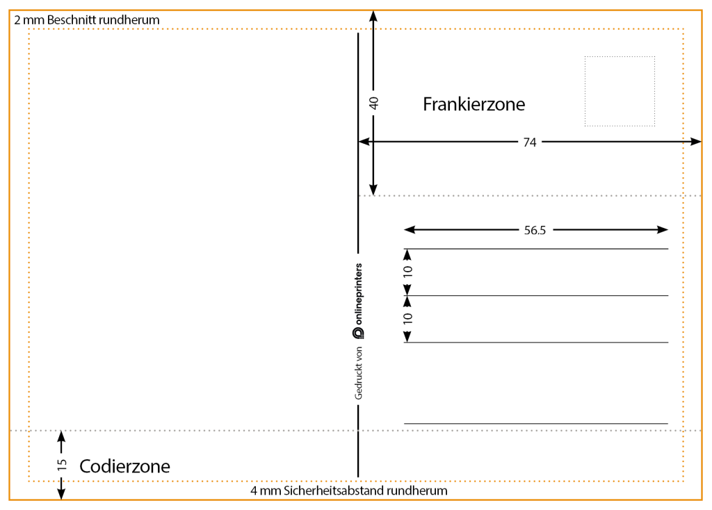 Diese Vorlage für deutsche Postkarten bietet Ihnen spezielle Bereiche. Oben rechts befindet sich eine Frankierzone mit präzisen Maßangaben, unten die Codierzone. Für eine perfekte Ausrichtung ist eine Schnittzugabe von 2 mm und ein Sicherheitsabstand von 4 mm vorgesehen.