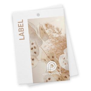 Etikett mit floralem Design aus zarten, durchscheinenden Blättern und Gräsern. Der Hintergrund ist sanft und neutral. Der Schriftzug „LABEL“ steht vertikal an der Seite, darunter „onlineprinters“ mit Logo.