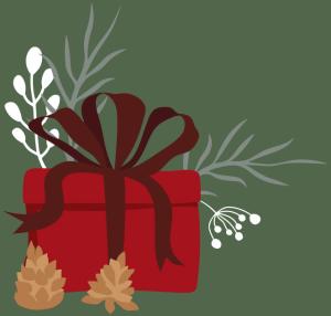 Illustration einer roten Geschenkbox mit dunkler Schleife, umgeben von weißen Beeren und grünen Zweigen. Zwei braune Tannenzapfen sind vor der Box auf grünem Hintergrund platziert und bieten Inspiration für Gutschein-Textvorlagen für jeden festlichen Anlass.