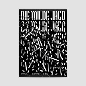 Abstraktes Poster mit verzerrtem Design, das fettgedruckten, fragmentierten weißen Text auf schwarzem Hintergrund zeigt. Der Text lautet „DIE WILDE JRGD“ und wirkt chaotisch und überlappend.